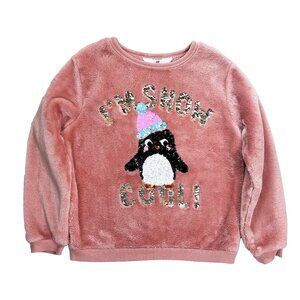 H&M "I’m Snow Cool" Fuzzy Sequin Flip Penguin Fleece Sweatshirt Size 6X/7